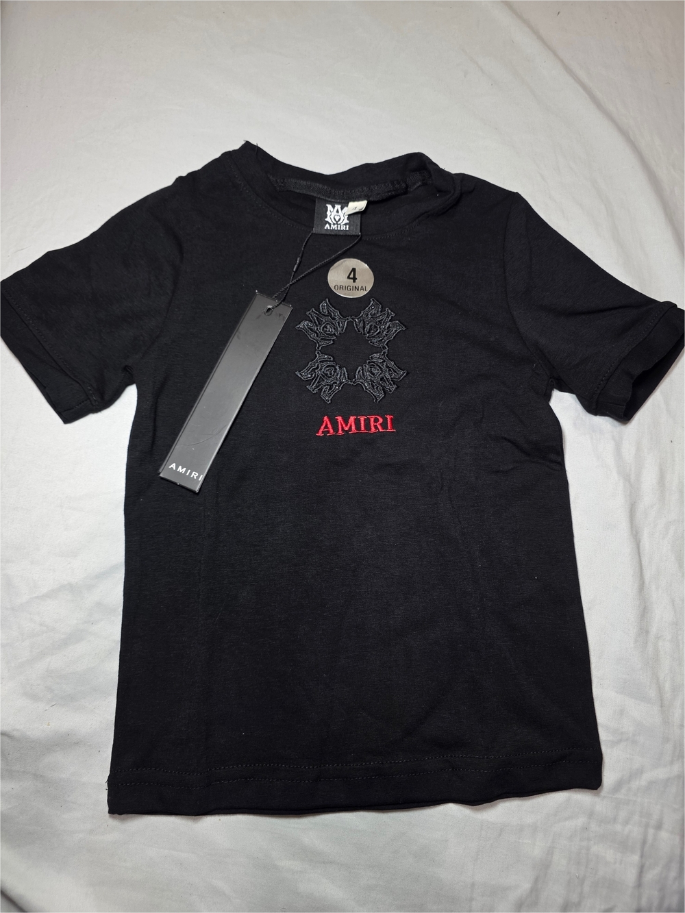AMIRI Black Short-Sleeve Tee with Red Logo Embroidery